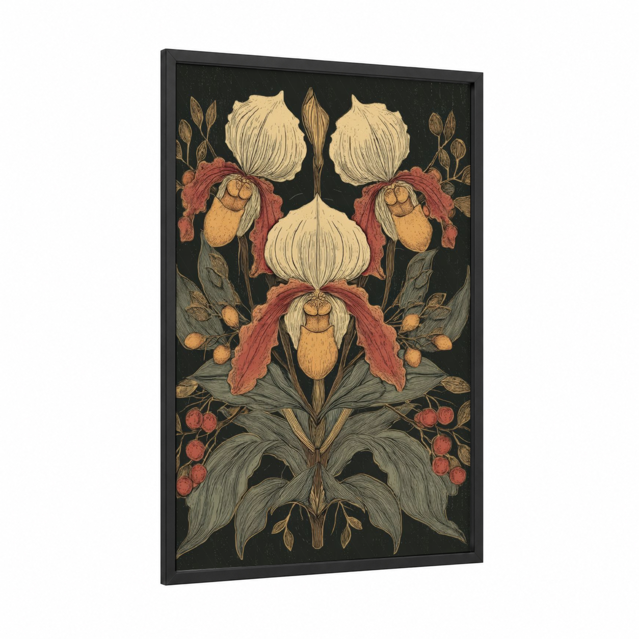 Symmetrical Orchid framed art print — black wood frame — gold and russet palette
