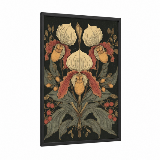 Symmetrical Orchid framed art print — black wood frame — gold and russet palette