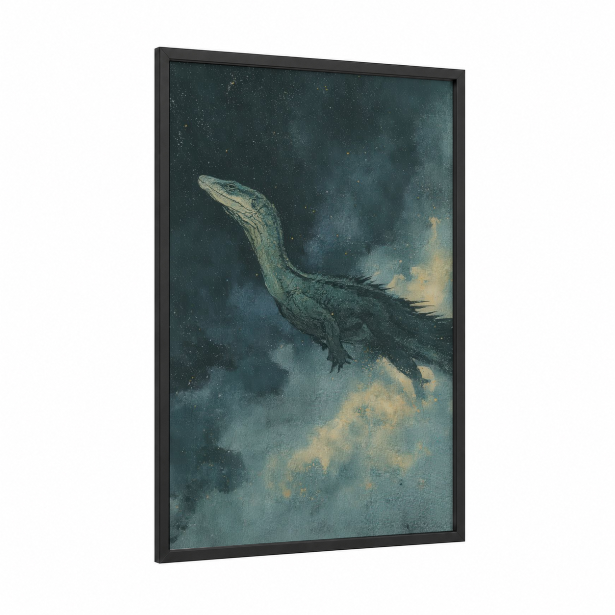 Celestial Basilisk framed art print — black wood frame — dark blue and gray palette