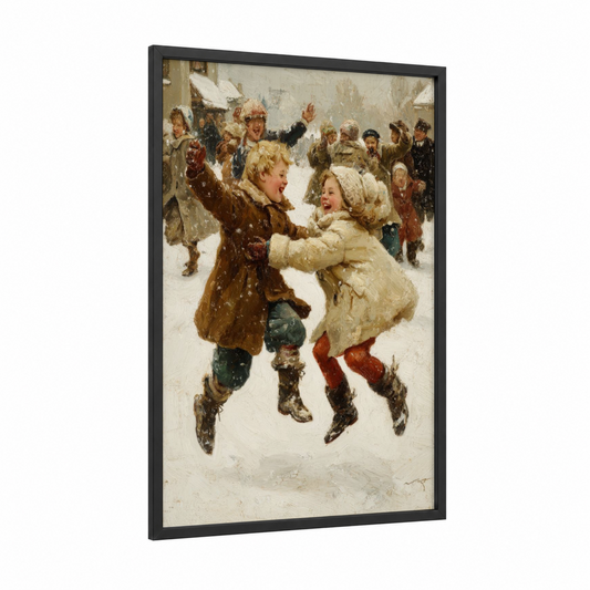 Snowy Children's Joy framed winter print — black wood frame — cream and brown palette