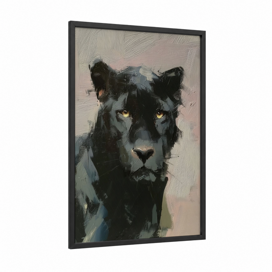 Golden-Eyed Panther framed art print — black wood frame — black and gold palette