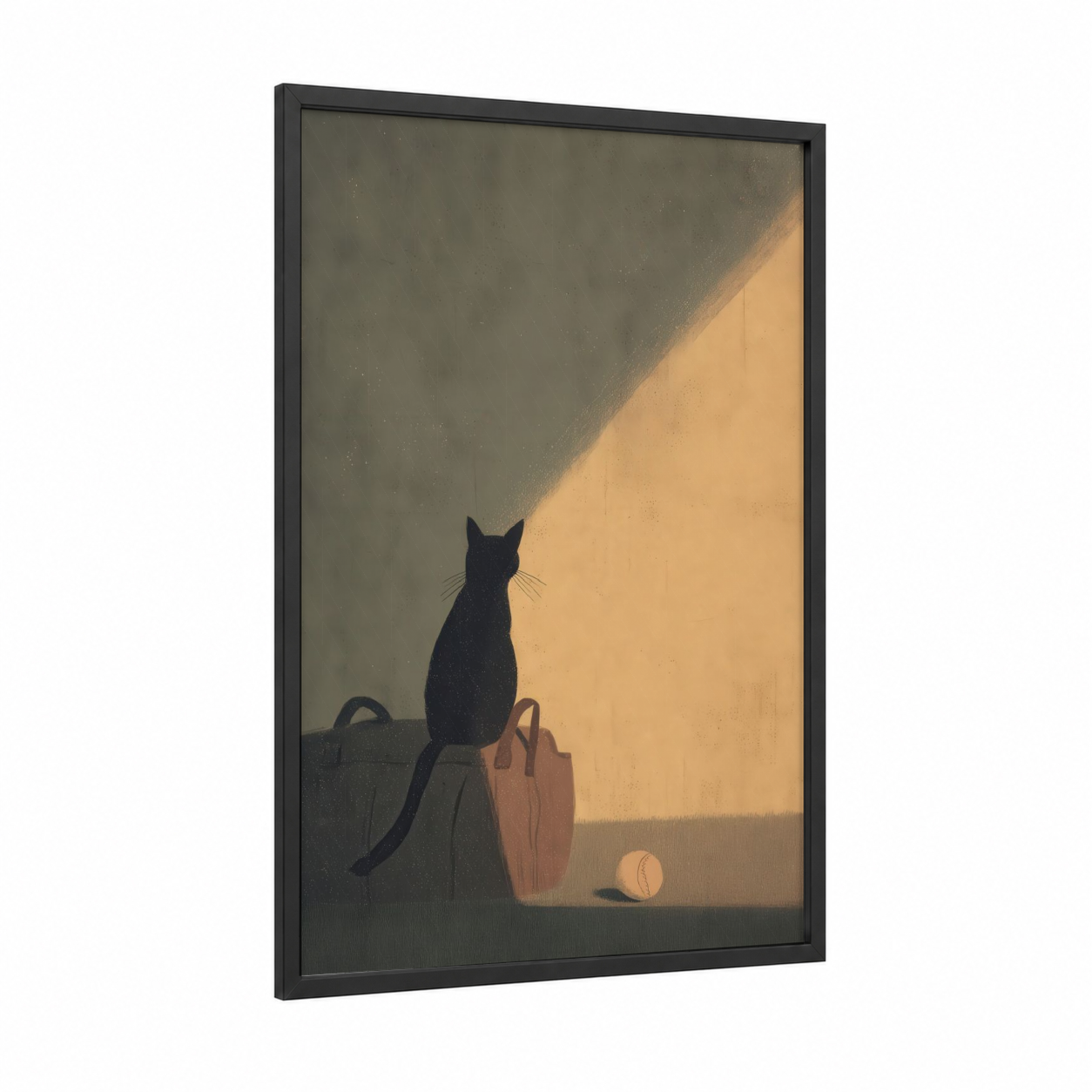 Watchful Cricket framed art print — black wood frame — gray and gold palette