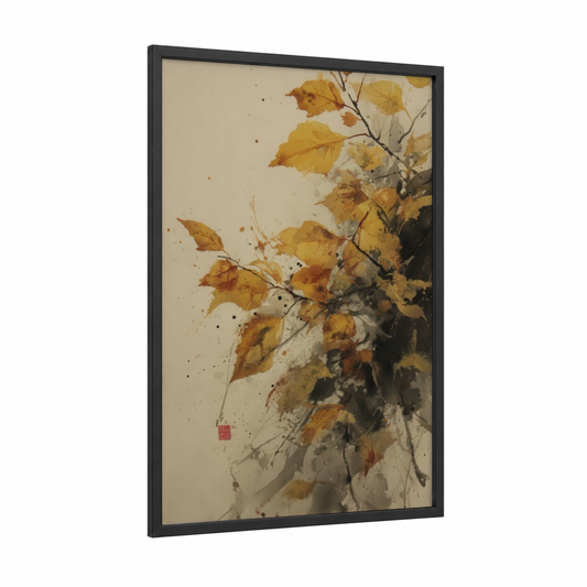Golden Birch Autumn framed birch tree print — black wood frame — gold and cream palette