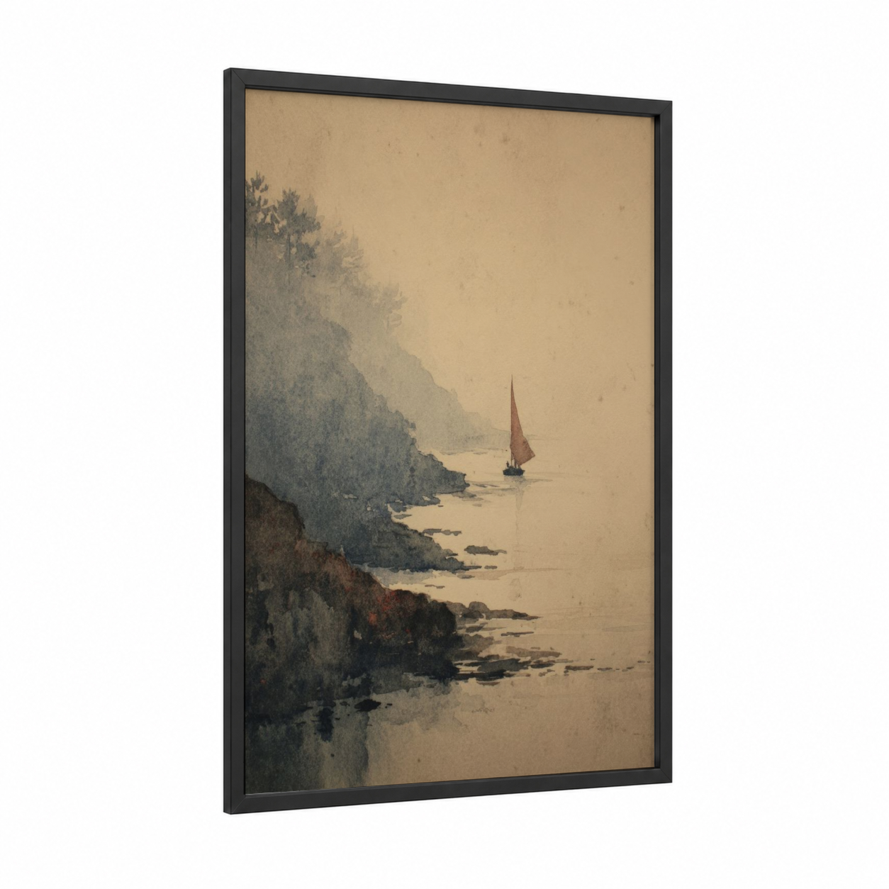 Misty Sailing Vessel framed sailing ship print — black wood frame — beige and gray palette