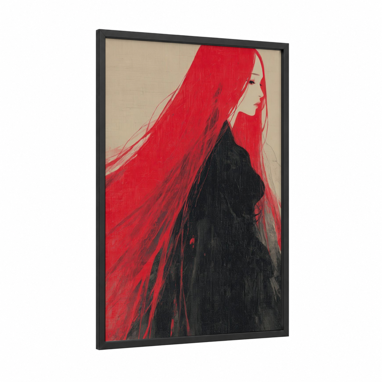 Crimson Hair Profile framed art print — black wood frame — red and black palette