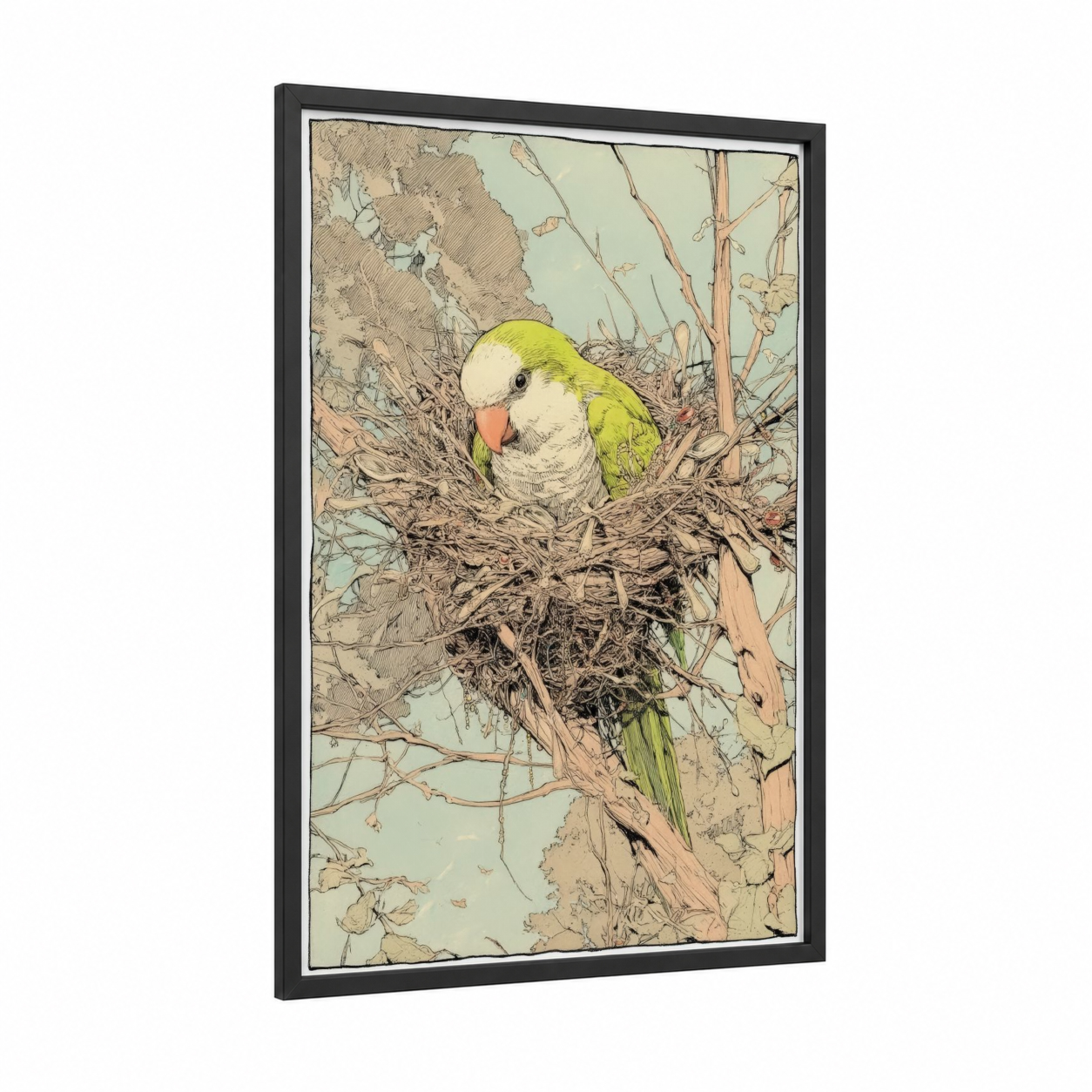 Green Parakeet Perched framed safari parrots print — black wood frame — light green and cream palette