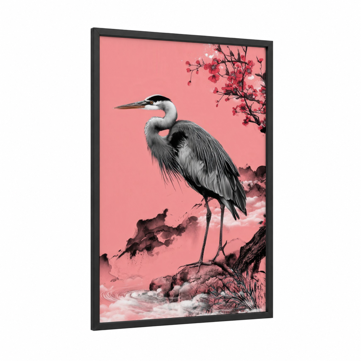 Pink Heron framed art print — black wood frame — salmon pink and black and white palette