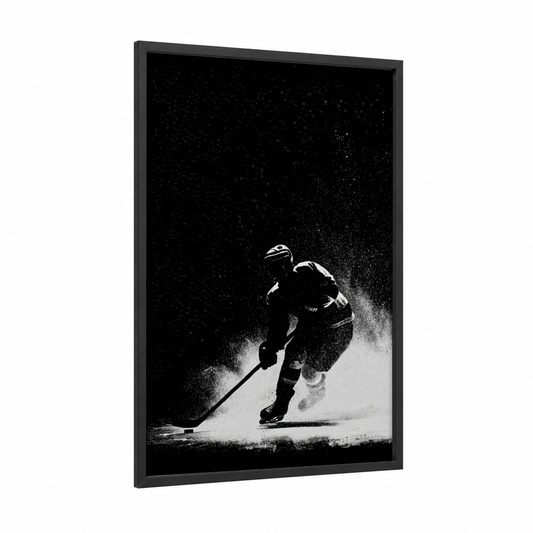 Snowy Skater framed ice hockey print — black wood frame — black and white palette