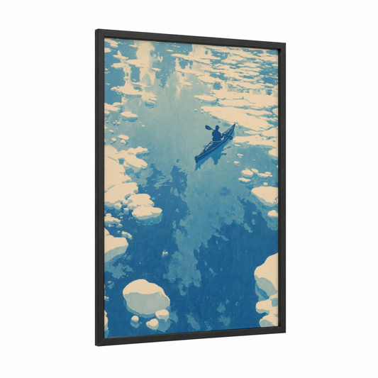 Solitude Paddler framed canoeing and kayaking print — black wood frame — blue and cream palette
