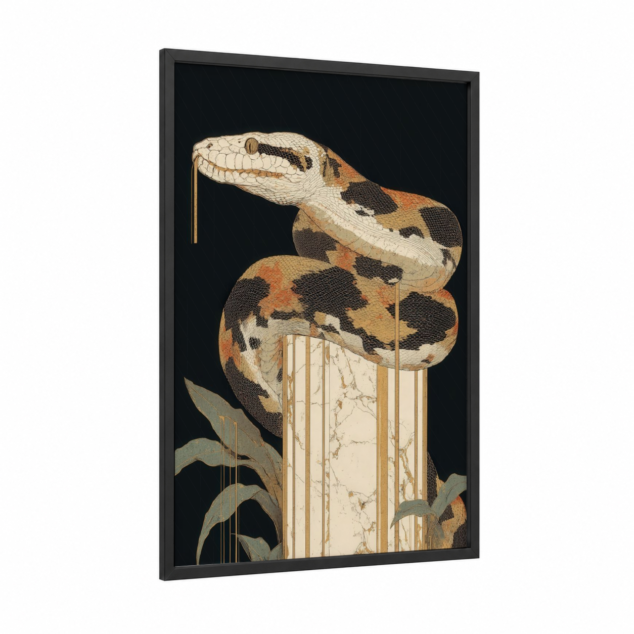 Marble Boa framed boa constrictor print — black wood frame — black and gold palette