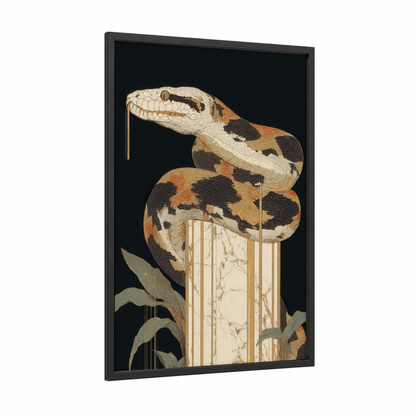 Marble Boa framed boa constrictor print — black wood frame — black and gold palette