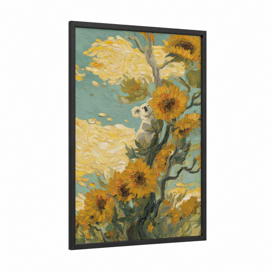 Sunflower Koala framed art print — black wood frame — gold and teal palette