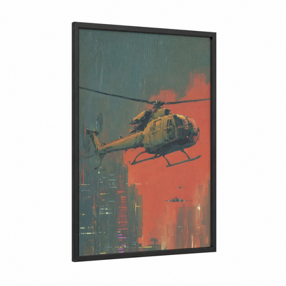 Urban Helicopter Dawn framed art print — black wood frame — gold and teal palette