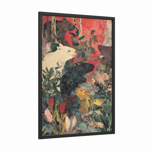 Garden Wombat Trio framed art print — black wood frame — red and dark green palette