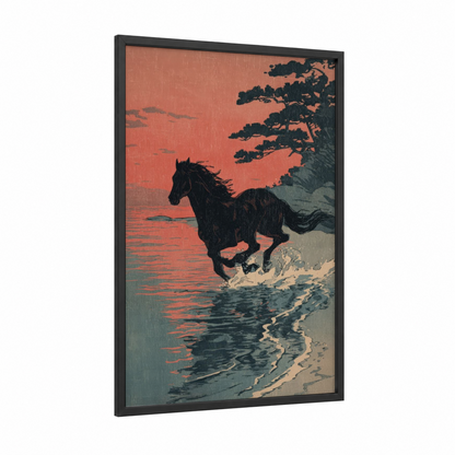 Coastal Horseback framed art print — black wood frame — black and gold and teal palette