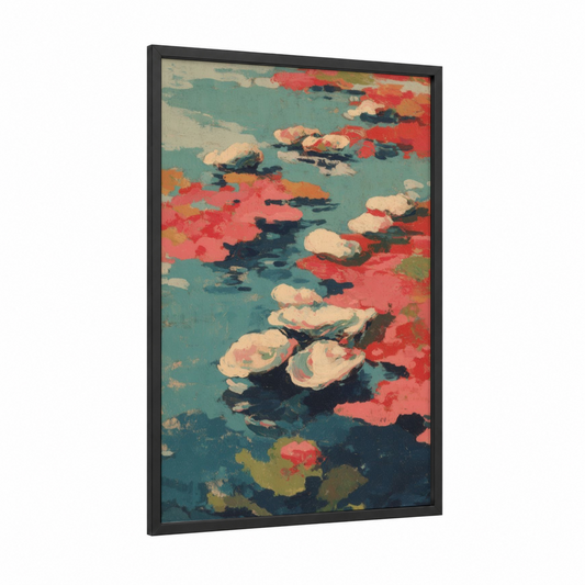 Coral Oyster Bed framed art print — black wood frame — teal and salmon pink palette