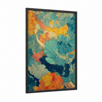 Swirling Wahoo framed art print — black wood frame — orange and teal palette
