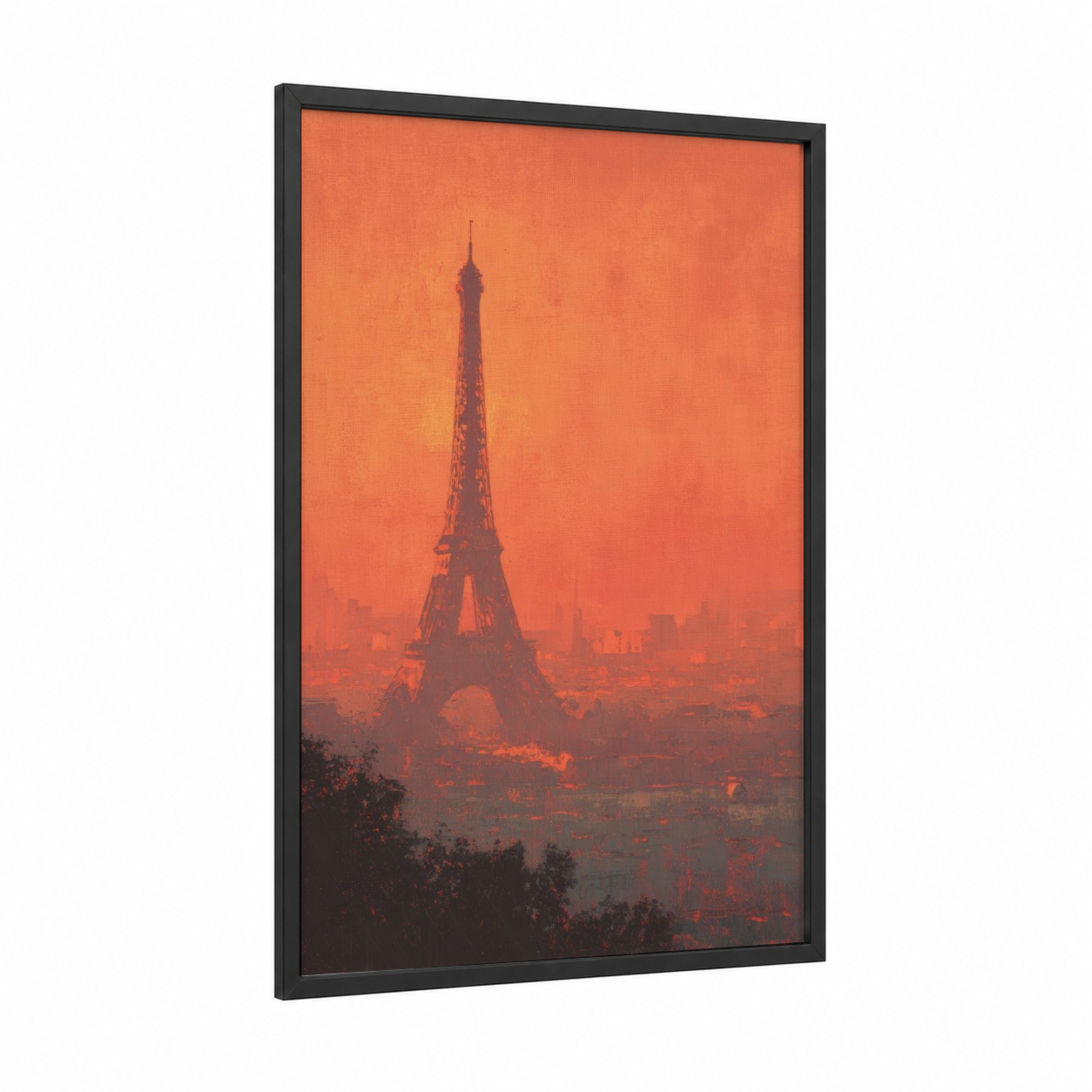 Crimson Eiffel Tower framed art print — black wood frame — pumpkin and maroon palette
