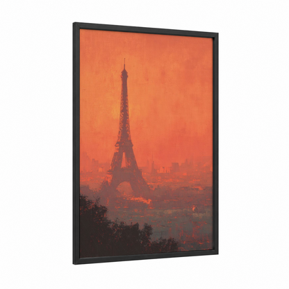 Crimson Eiffel Tower framed art print — black wood frame — pumpkin and maroon palette