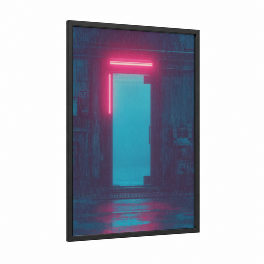 Neon Door Portal framed art print — black wood frame — magenta and dark blue palette