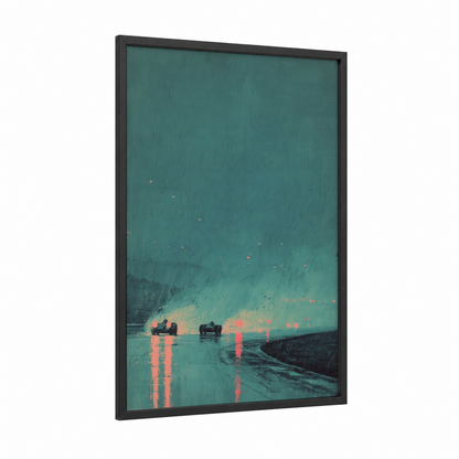 Wet Track Racing framed auto racing print — black wood frame — teal and salmon pink palette