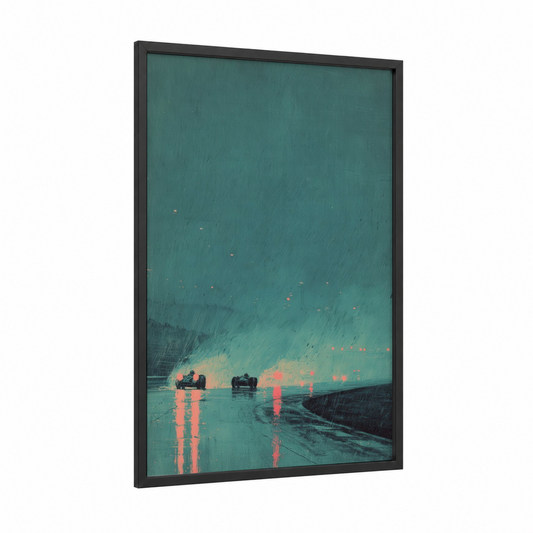 Wet Track Racing framed auto racing print — black wood frame — teal and salmon pink palette