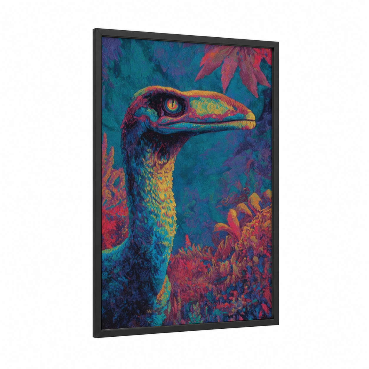 Crimson Dinosaur Portrait framed art print — black wood frame — magenta and teal palette