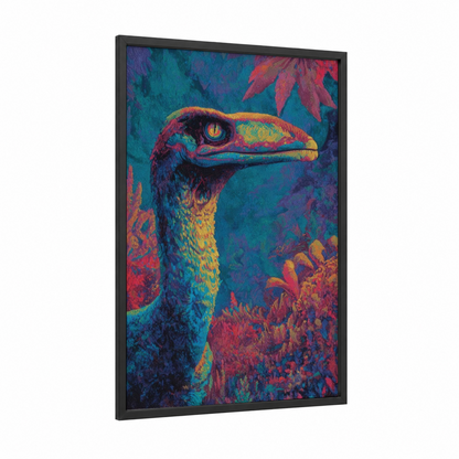 Crimson Dinosaur Portrait framed art print — black wood frame — magenta and teal palette