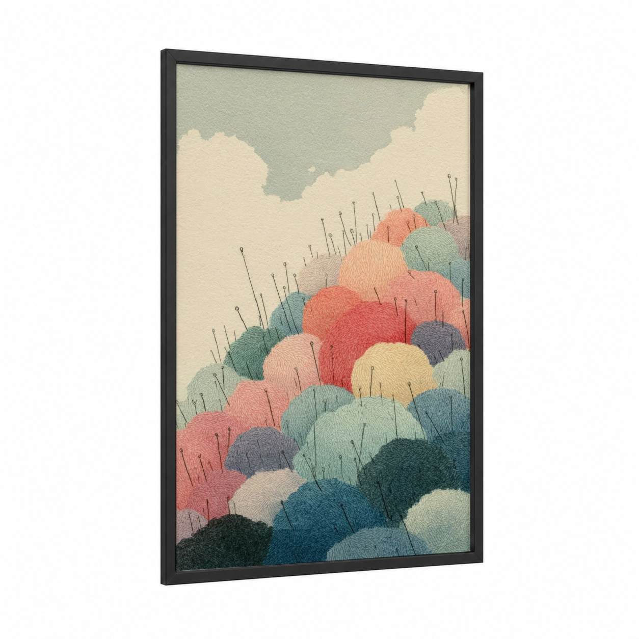 Colorful Yarn Landscape framed knitting and sewing print — black wood frame — sage green and salmon pink palette