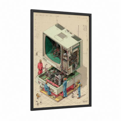 Vintage TV Blueprint framed blueprints print — black wood frame — cream and dark green palette