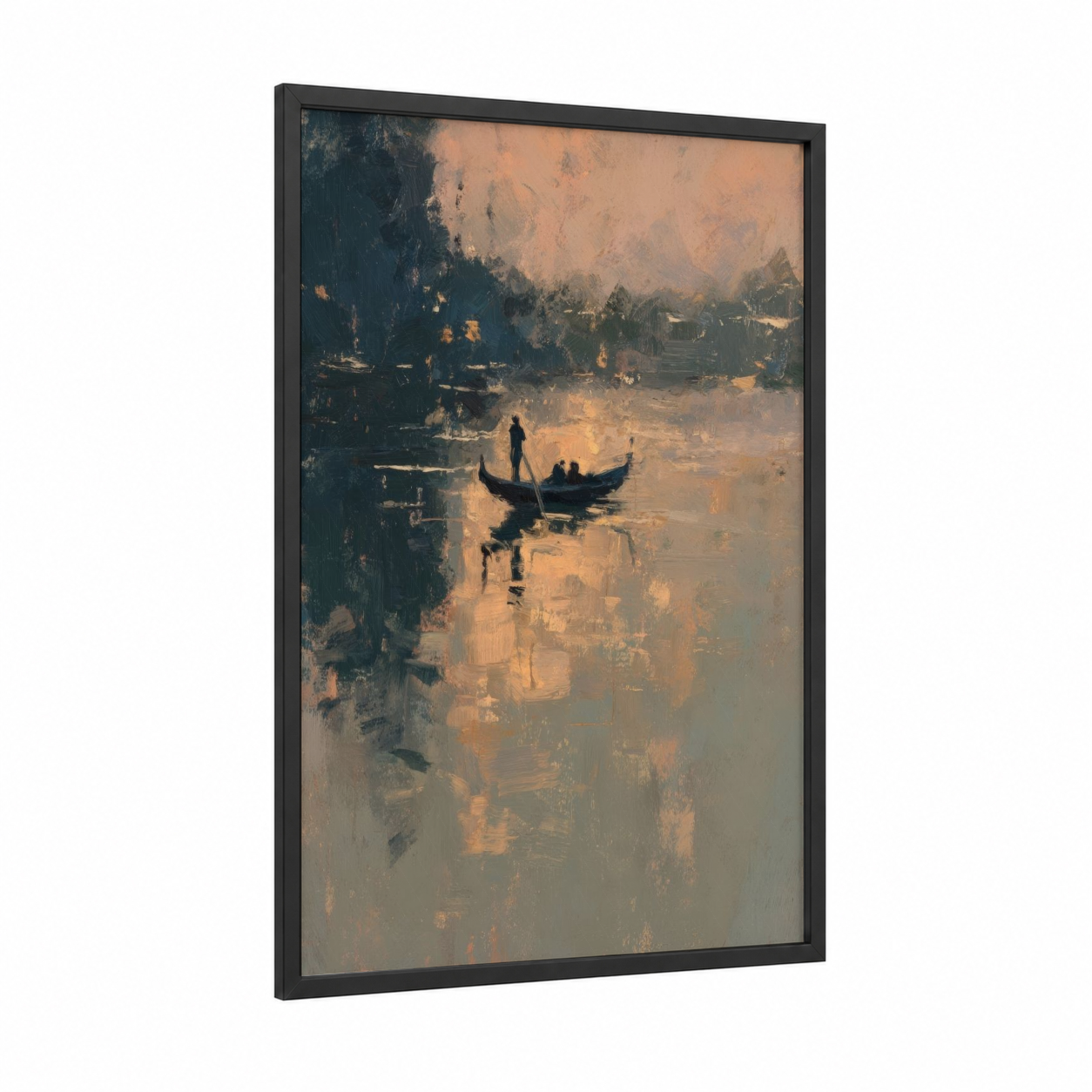 Misty Gondola framed art print — black wood frame — gold and dove gray palette