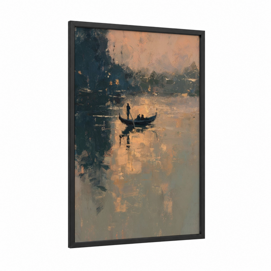 Misty Gondola framed art print — black wood frame — gold and dove gray palette