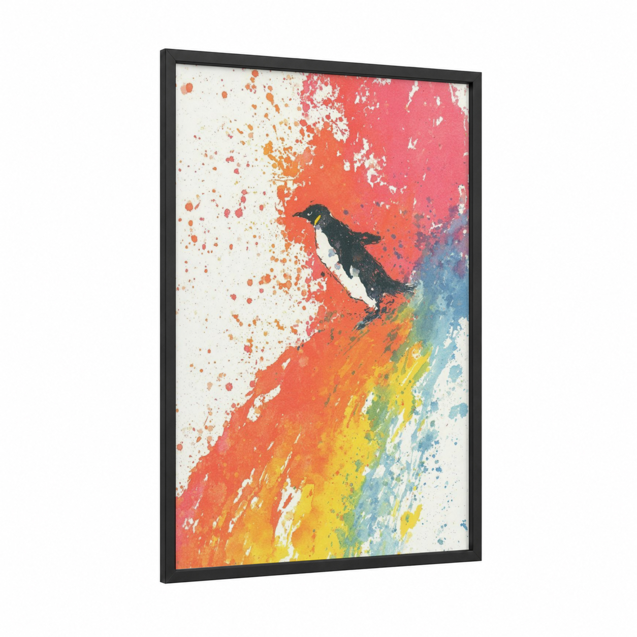 Watercolor Penguin framed art print — black wood frame — orange and blue palette