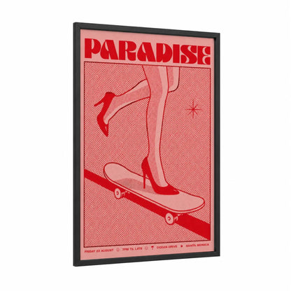 Paradise Skateboard Fashion Wall Art framed skateboarding print — black wood frame — red and pink palette