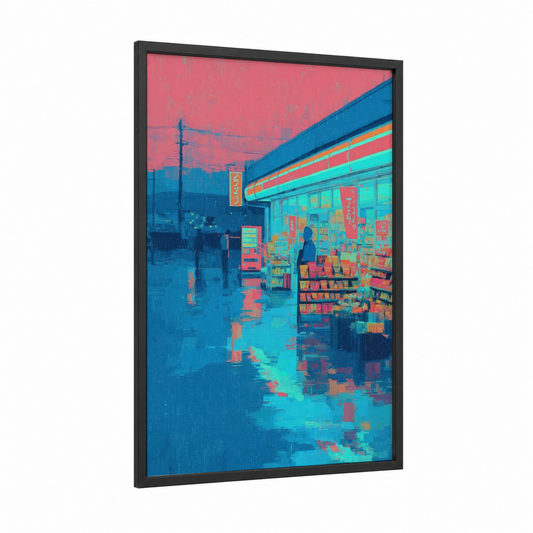 Neon Store Night framed art print — black wood frame — blue and salmon pink palette