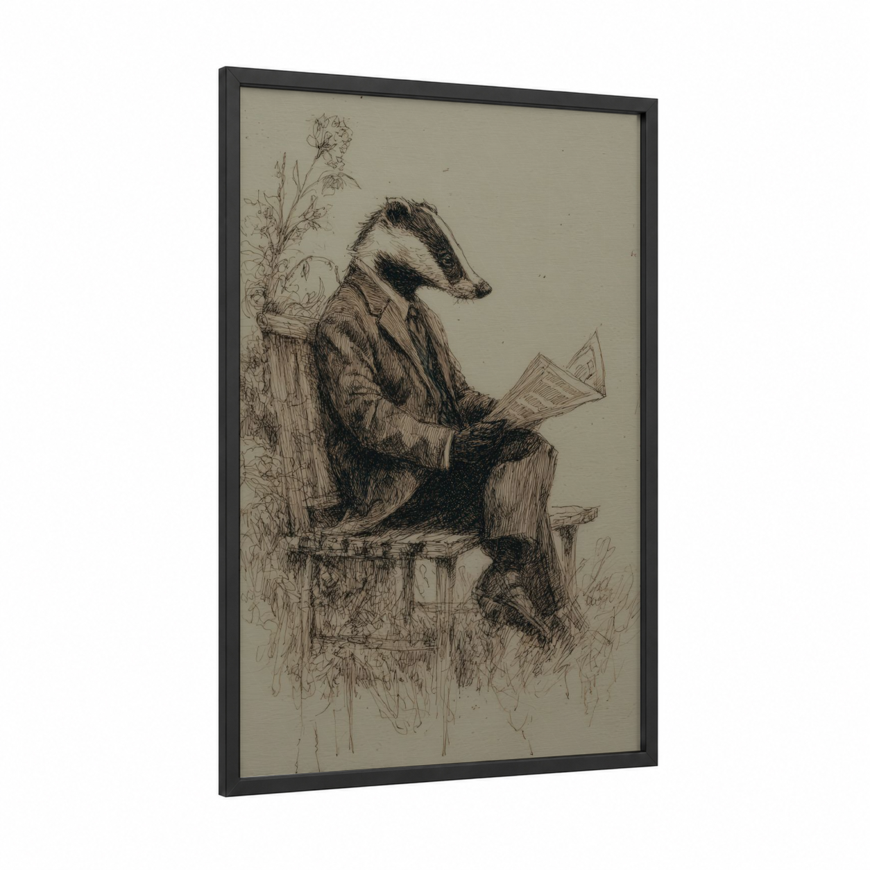 Reading Badger framed art print — black wood frame — black and white and beige palette