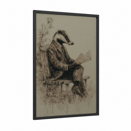 Reading Badger framed art print — black wood frame — black and white and beige palette