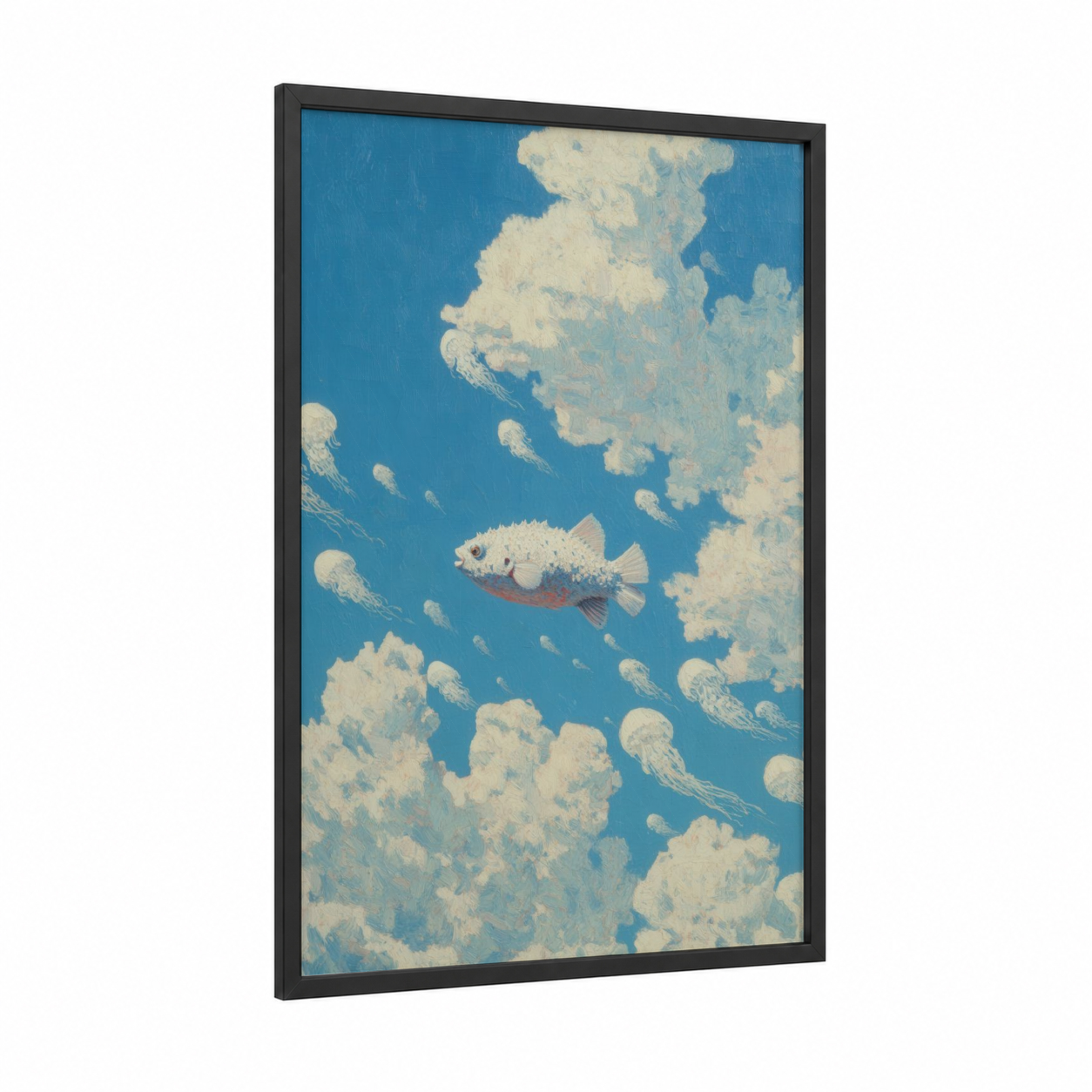 Dreaming Puffer Fish framed art print — black wood frame — blue and white palette