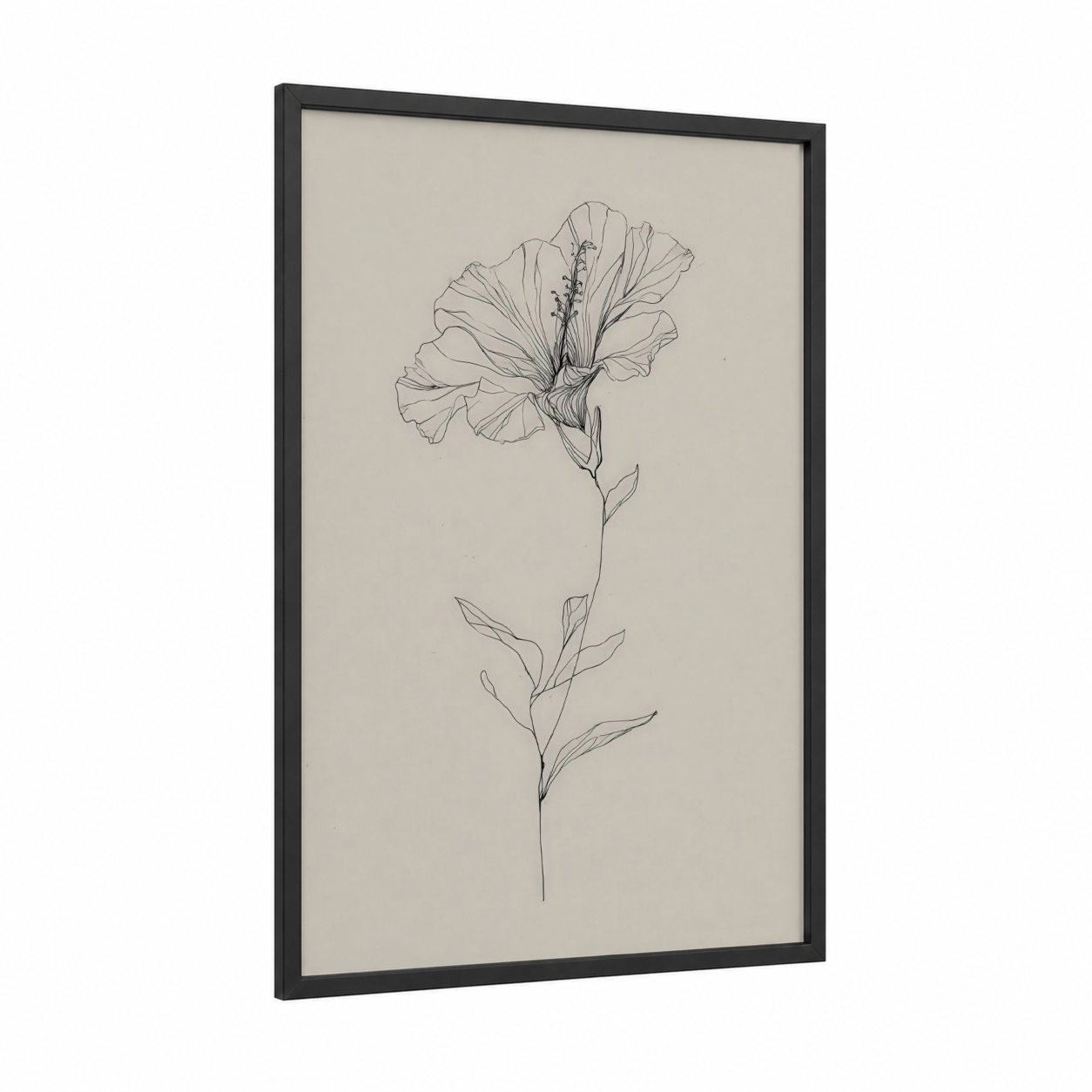Minimal Hibiscus framed art print — black wood frame — black and white palette