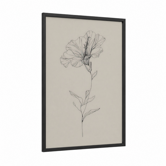 Minimal Hibiscus framed art print — black wood frame — black and white palette