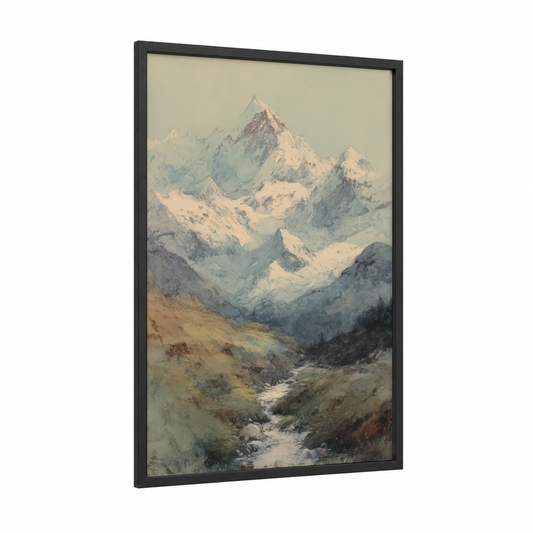 Alpine Everest framed mount everest print — black wood frame — white and blue and gray palette