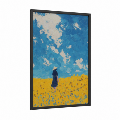 Sunflower Dreamer framed art for girl print — black wood frame — blue and yellow gold palette