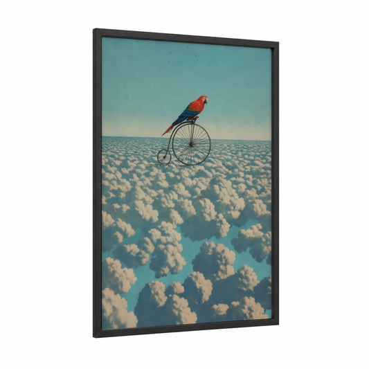 Dreaming Macaw framed art print — black wood frame — teal and cream palette