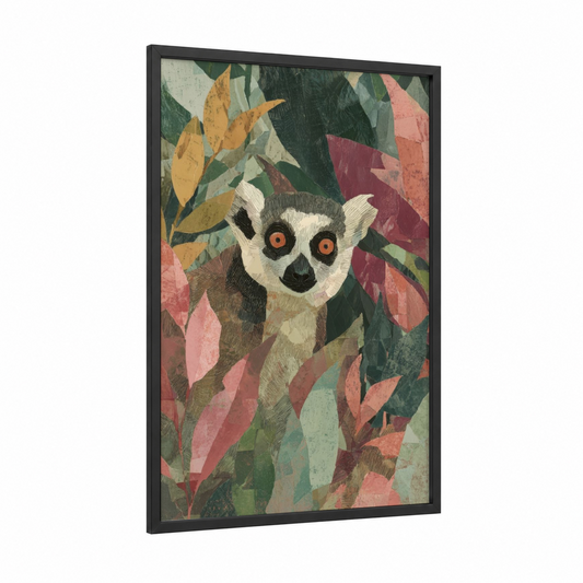 Curious Lemur framed art print — black wood frame — green and salmon pink palette