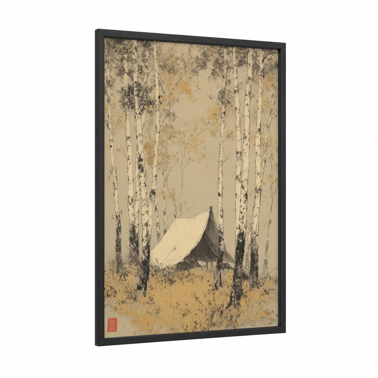 Birch Forest Camping framed art print — black wood frame — beige and black and white palette