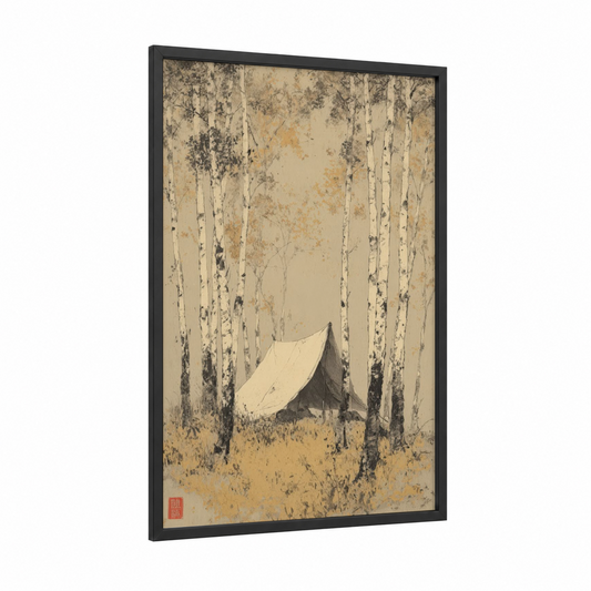 Birch Forest Camping framed art print — black wood frame — beige and black and white palette