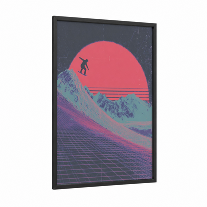 Neon Shredder framed snowboarding print — black wood frame — magenta and turquoise palette