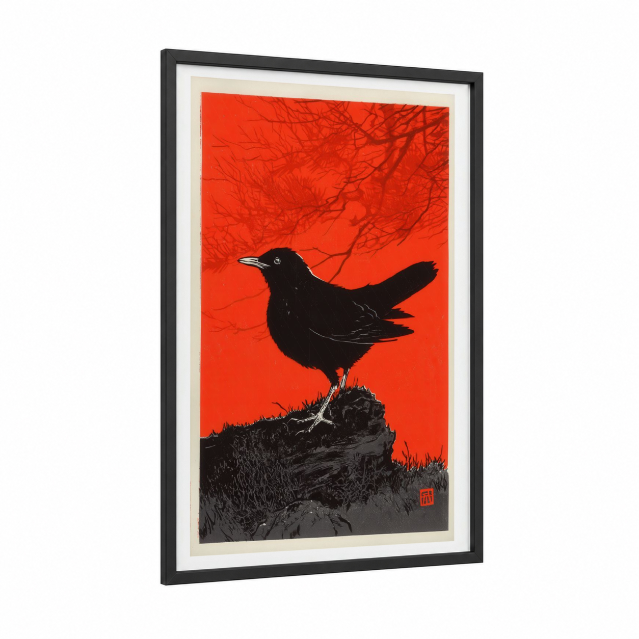Scarlet Thrush framed art print — black wood frame — red and black palette