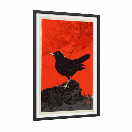 Scarlet Thrush framed art print — black wood frame — red and black palette