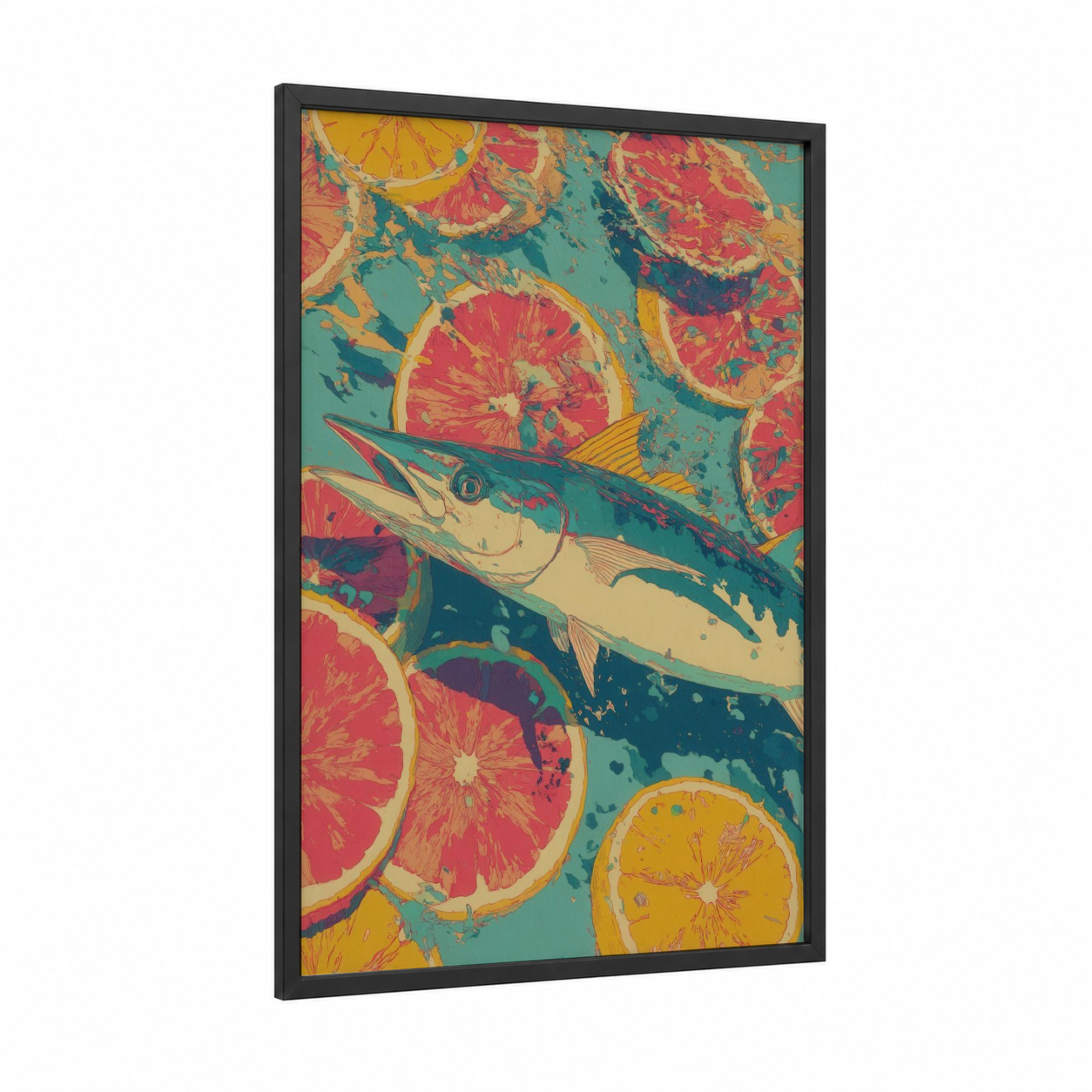 Citrus Wahoo framed art print — black wood frame — teal and red palette